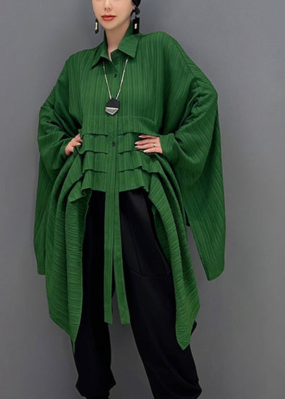 Boho Grün Peter Pan Kragen Asymmetrische Low High Design Button Shirt Langarm