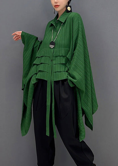 Boho Grün Peter Pan Kragen Asymmetrische Low High Design Button Shirt Langarm