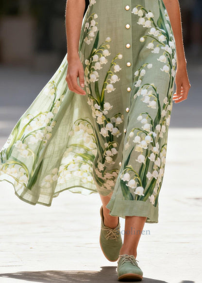 Boho Green Print Fine Pearl Cotton Sun Dress Summer