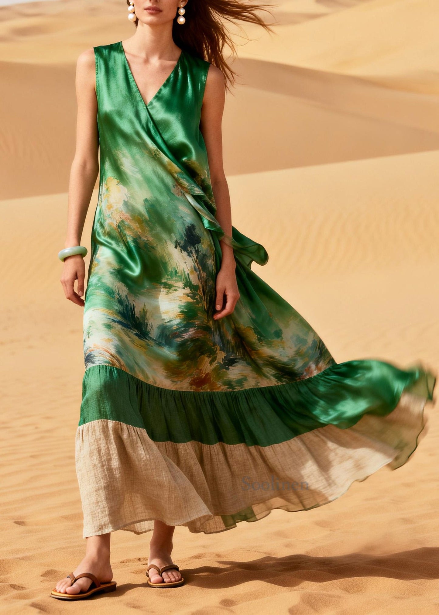 Boho Green Print Patchwork Linen Silk Maxi Dress Summer