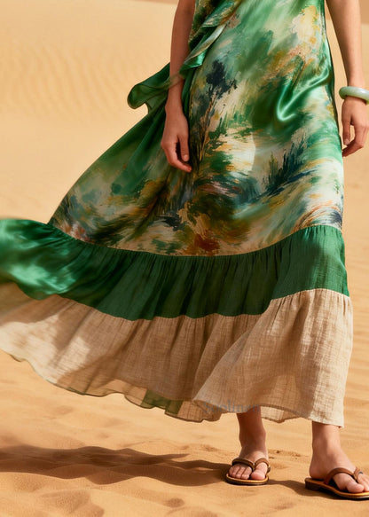 Boho Green Print Patchwork Linen Silk Maxi Dress Summer