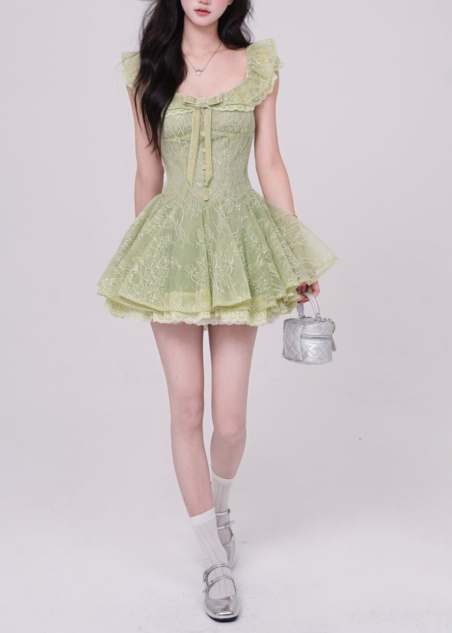 Boho Green Square Collar Bow Tulle Mini Dresses Summer