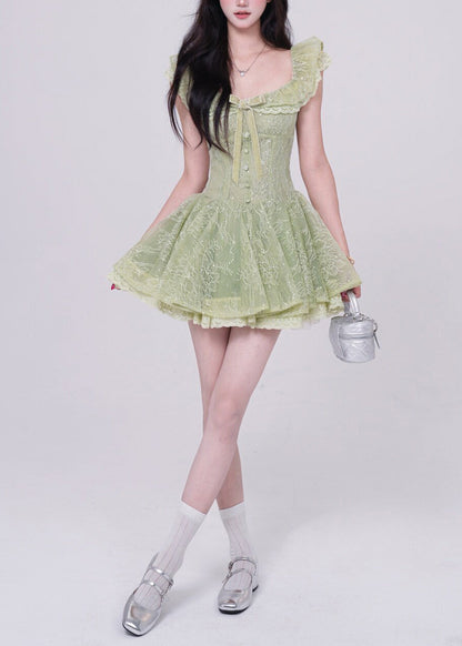Boho Green Square Collar Bow Tulle Mini Dresses Summer