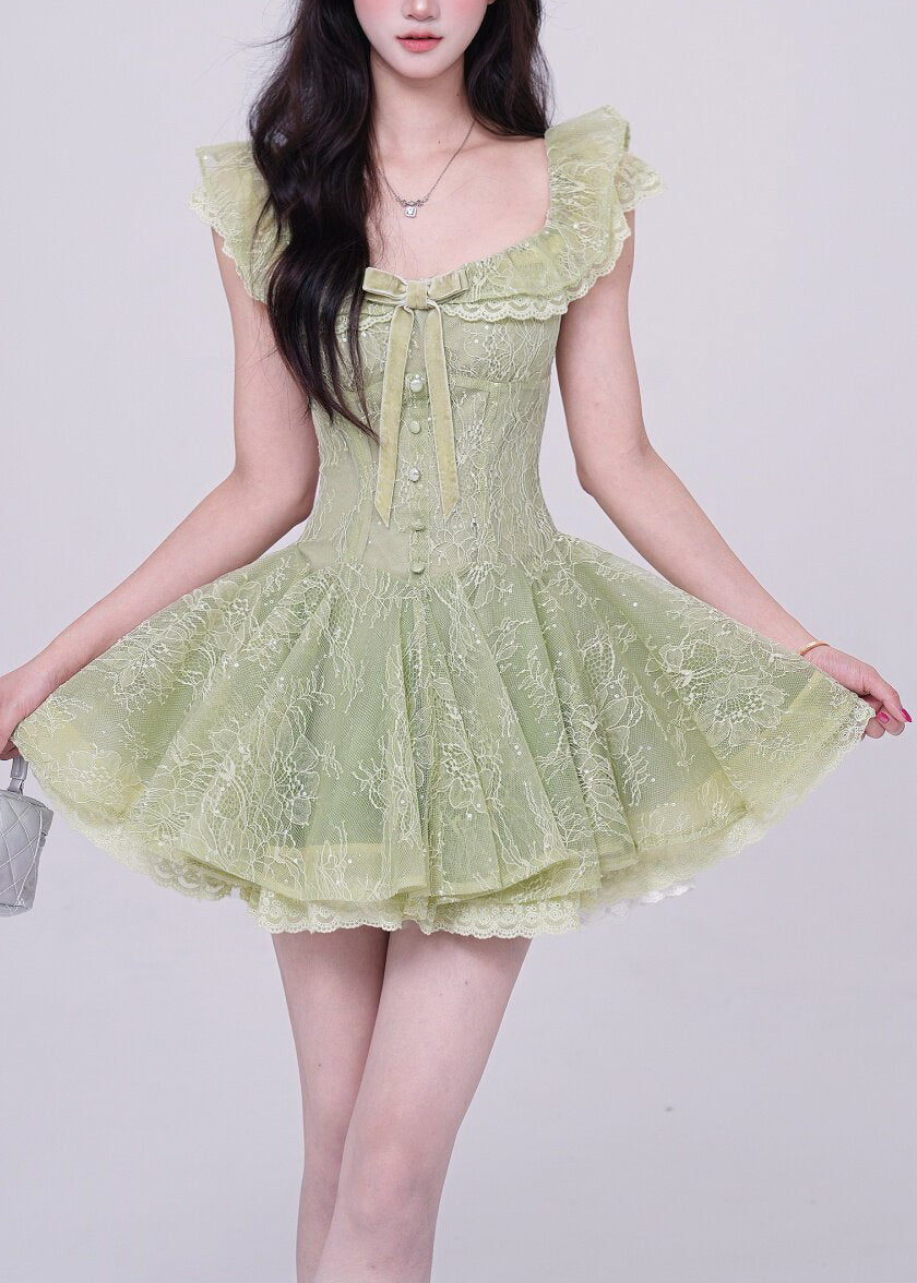 Boho Green Square Collar Bow Tulle Mini Dresses Summer