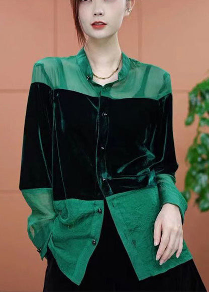 Boho Grün Stehkragen Patchwork Seide Velour Shirt Top Frühling