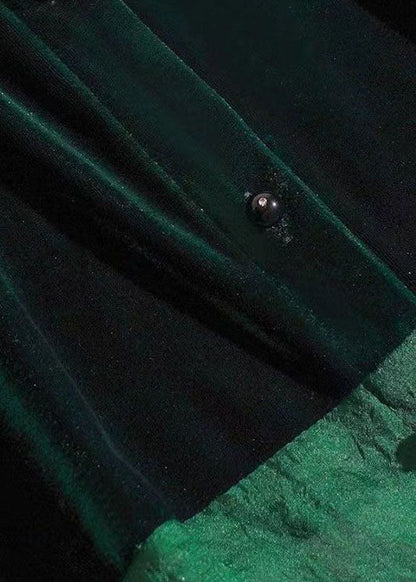 Boho Grün Stehkragen Patchwork Seide Velour Shirt Top Frühling