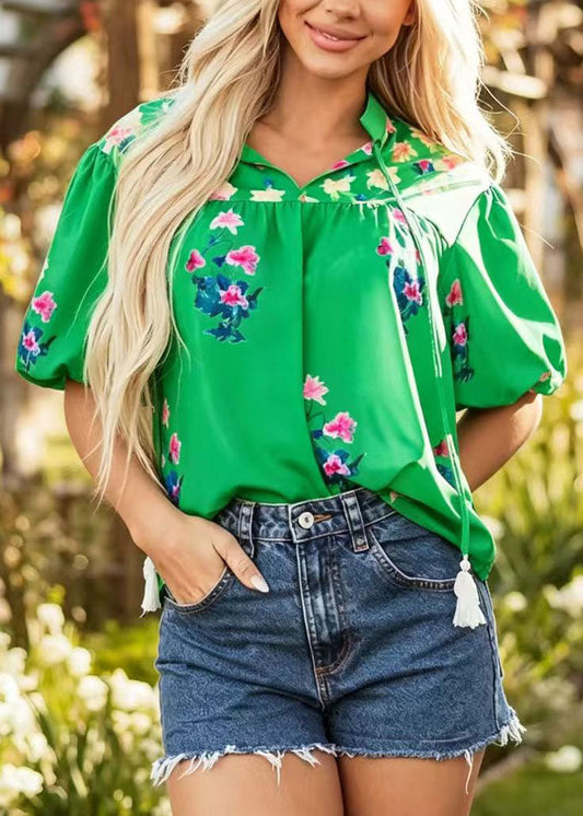 Boho Green V Neck Tasseled Print Chiffon Tops Summer