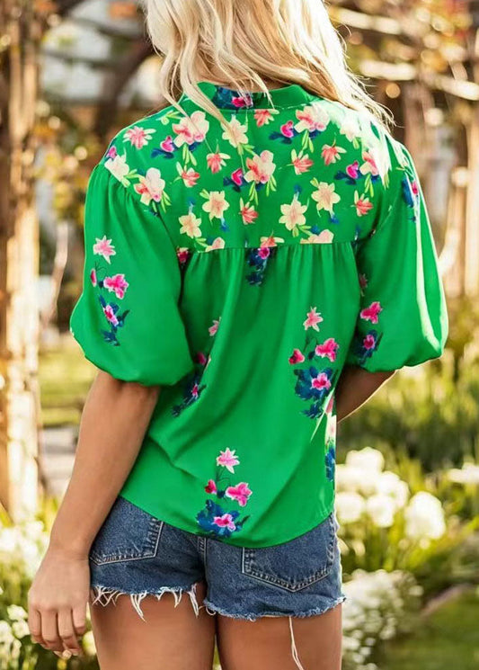 Boho Green V Neck Tasseled Print Chiffon Tops Summer