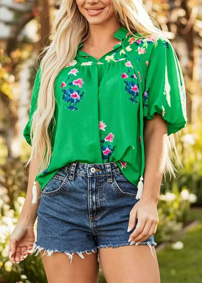 Boho Green V Neck Tasseled Print Chiffon Tops Summer