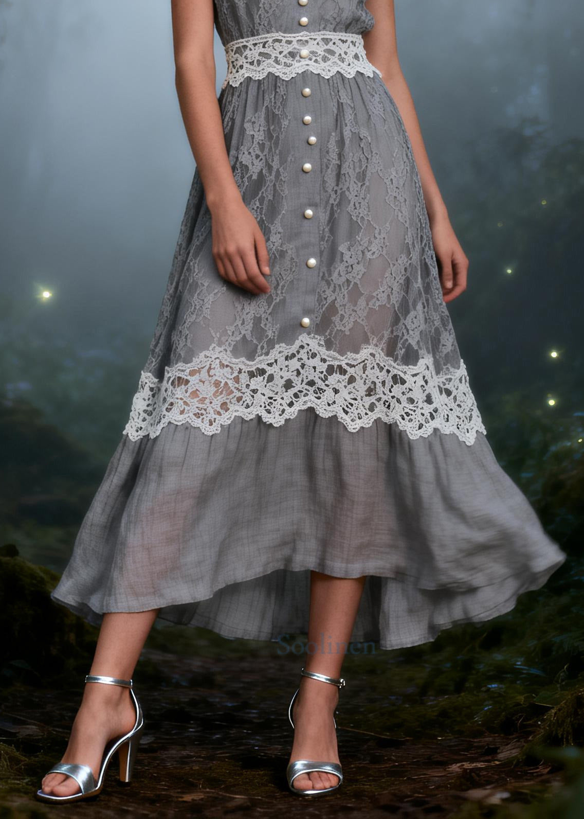 Boho Grey Bow Patchwork Lace Spaghetti Strap Dress Summer