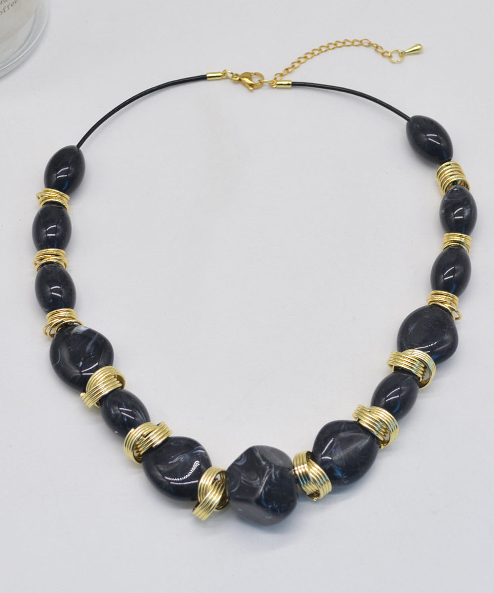 Boho Grey Metal Overgild Asymmetric Beading Collar Necklace