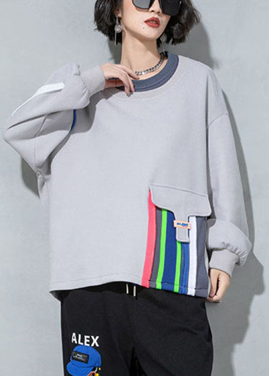 Boho Grau O-Ausschnitt Patchwork Lose Sweatshirt Frühling