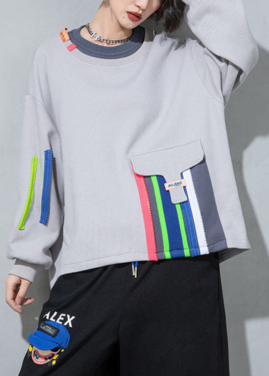 Boho Grau O-Ausschnitt Patchwork Lose Sweatshirt Frühling