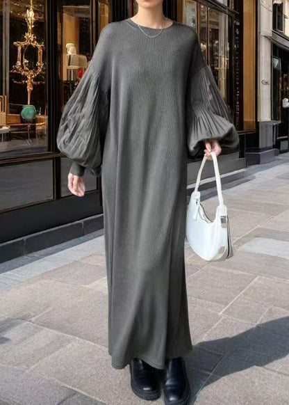 Boho Grey Oversized Patchwork Cotton Dress Lantern Sleeve