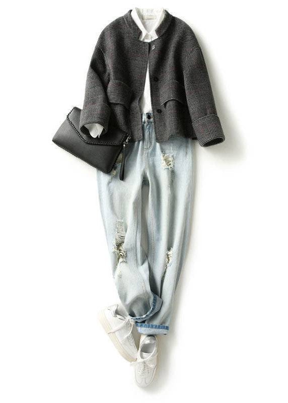 Boho Grau Kariert Retro Lose Taschen Knopf Herbst Winter Mantel