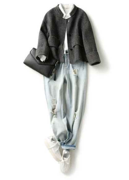 Boho Grau Kariert Retro Lose Taschen Knopf Herbst Winter Mantel