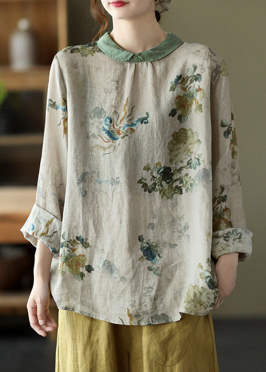 Camiseta holgada de ramio con estampado gris bohemio para primavera