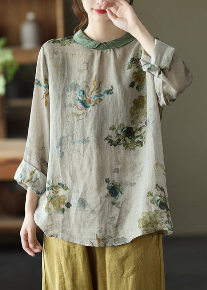 Camiseta holgada de ramio con estampado gris bohemio para primavera