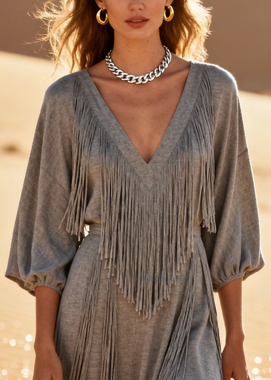Boho Grey Tasseled Oversized Cotton Long Dresses Summer