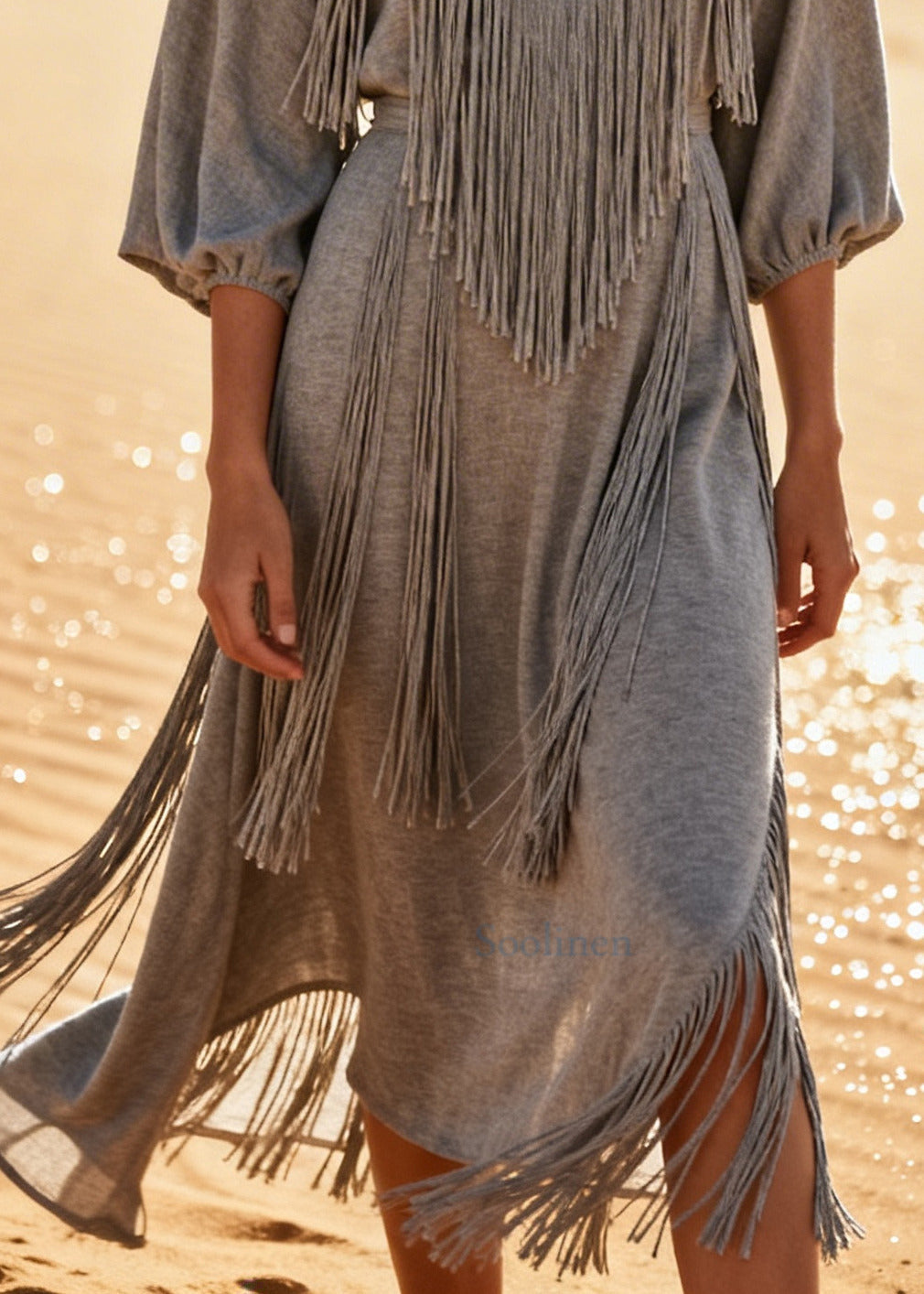 Boho Grey Tasseled Oversized Cotton Long Dresses Summer