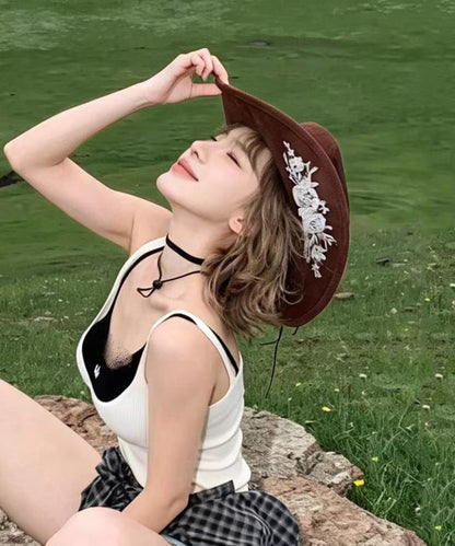 Boho Khaki Embroidery Rivet Woolen Cowboy Hat