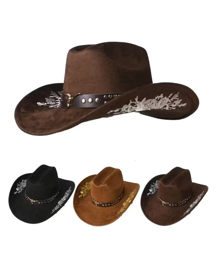 Boho Khaki Embroidery Rivet Woolen Cowboy Hat