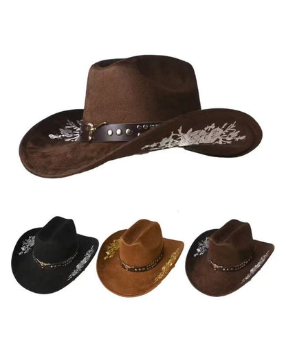 Boho Khaki Embroidery Rivet Woolen Cowboy Hat