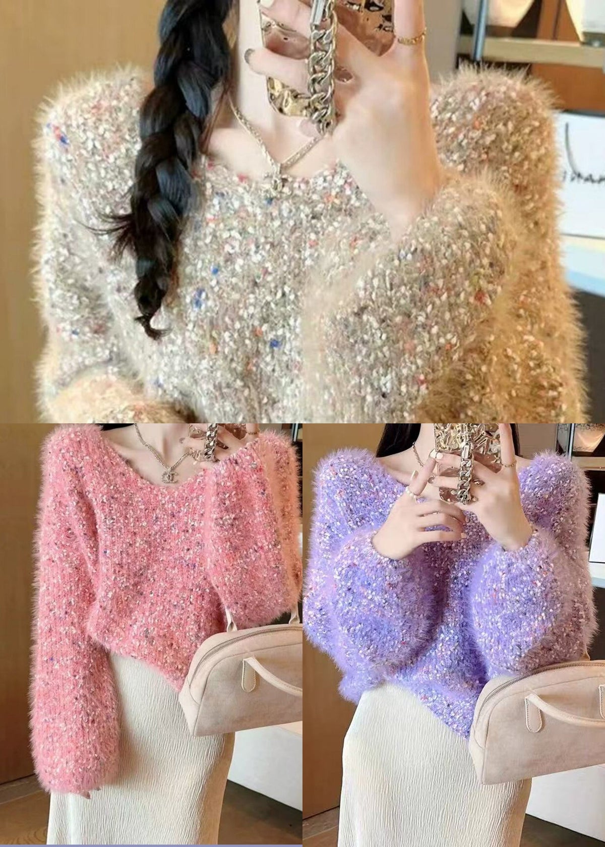 Boho Khaki Fuzzy Fur Fluffy Thick Knit Sweater Tops Winter