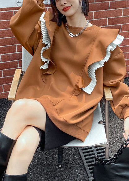 Boho Khaki O-Ausschnitt Retro Rüschen Patchwork Herbst Sweatshirt Street Wear