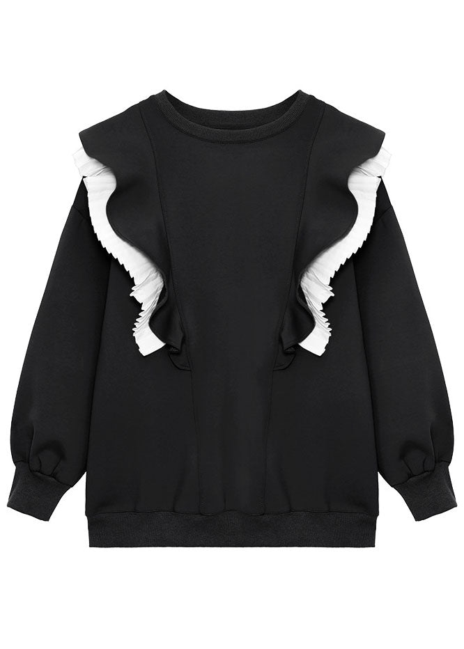 Boho Khaki O-Ausschnitt Retro Rüschen Patchwork Herbst Sweatshirt Street Wear