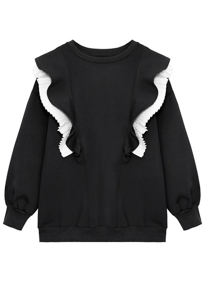 Boho Khaki O-Ausschnitt Retro Rüschen Patchwork Herbst Sweatshirt Street Wear