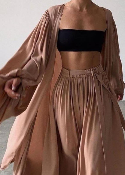Boho Khaki Oversized Chiffon Three Pieces Set Lantern Sleeve
