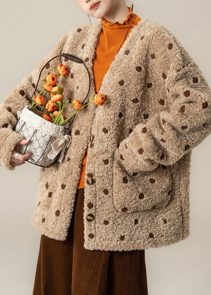 Boho Khaki Oversized Jacquard Warm Faux Wool Jackets Winter