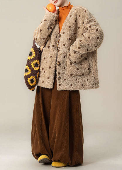 Boho Khaki Oversized Jacquard Warm Faux Wool Jackets Winter