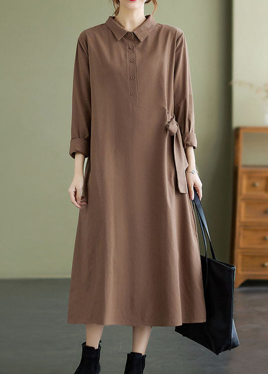 Boho Khaki Peter Pan Kragen Knopf Kleid Frühling