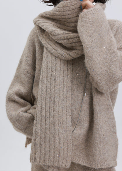 Bufanda acogedora de punto de lana cálida con lentejuelas caqui bohemia