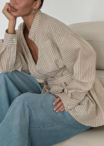 Boho Khaki Striped Linen Tunic Shirt Top Fall