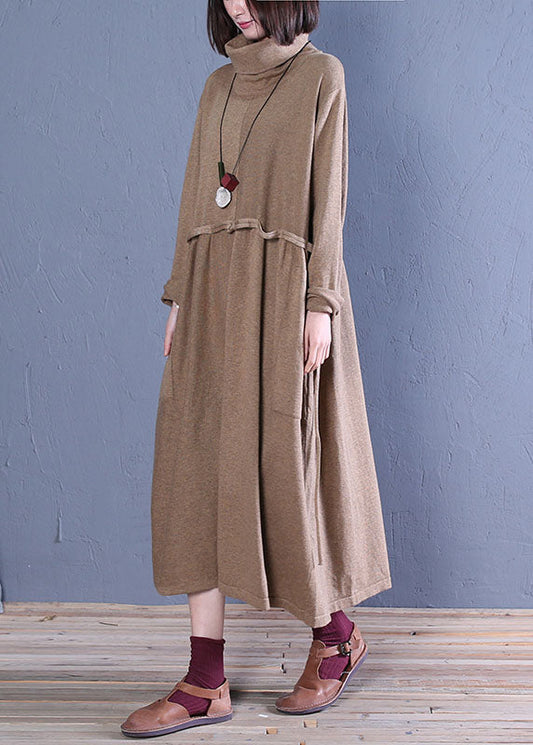 Boho Khaki Rollkragen Patchwork Strickkleider Frühling