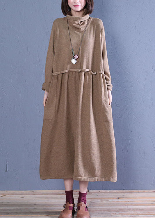 Boho Khaki Rollkragen Patchwork Strickkleider Frühling