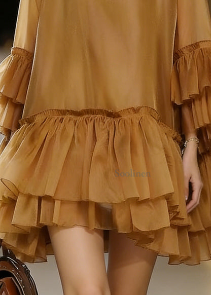 Boho Khaki V Neck Ruffles Chiffon Mid Dress Summer