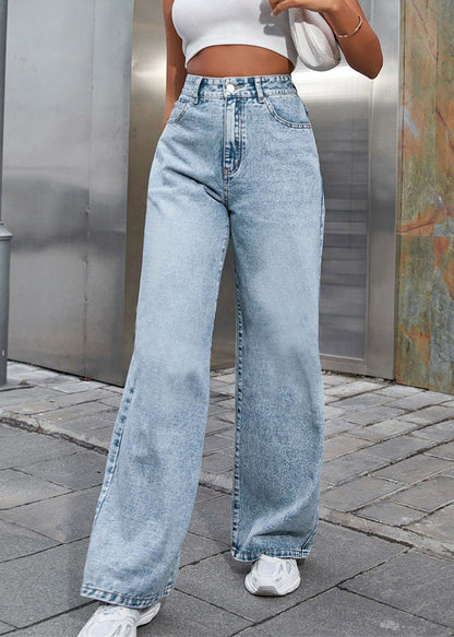 Boho-Hellblaue High-Waist-Denimhose mit geradem Bund für den Frühling
