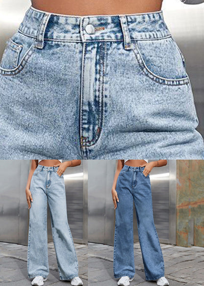 Boho-Hellblaue High-Waist-Denimhose mit geradem Bund für den Frühling