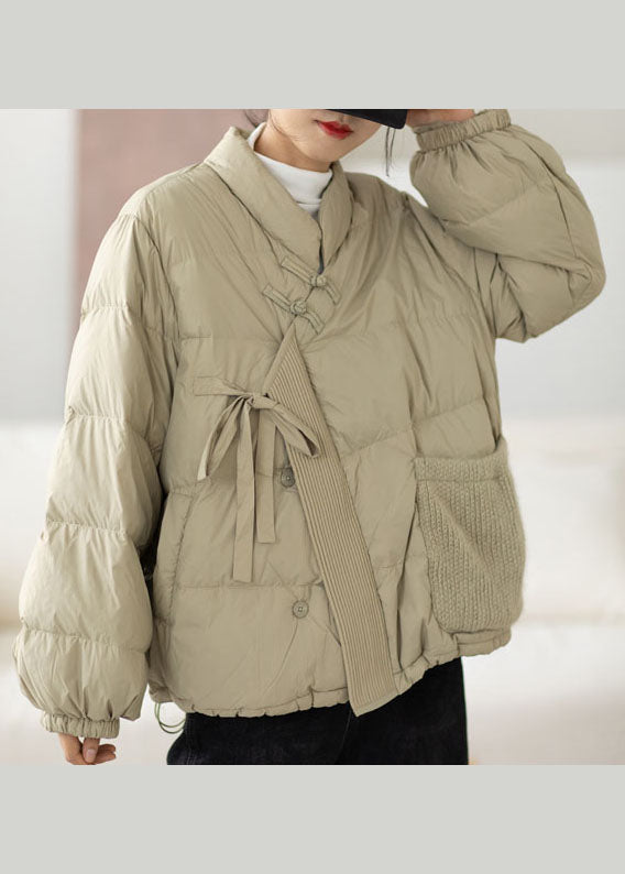 Boho Hellgrüner Winter-Daunenmantel mit Taschen aus Entendaunen