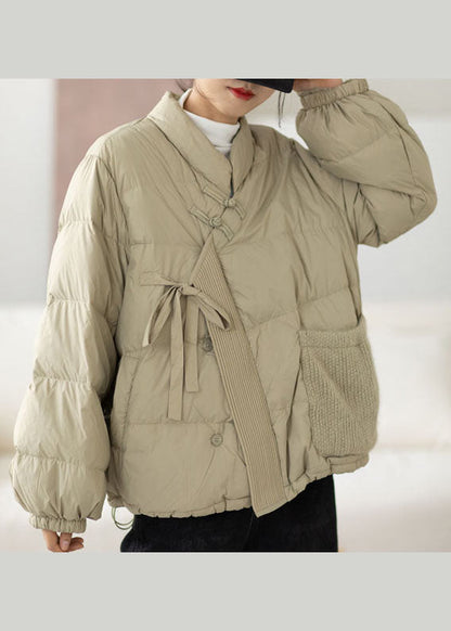 Boho Hellgrüner Winter-Daunenmantel mit Taschen aus Entendaunen