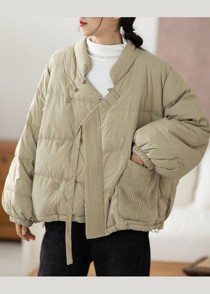 Boho Hellgrüner Winter-Daunenmantel mit Taschen aus Entendaunen