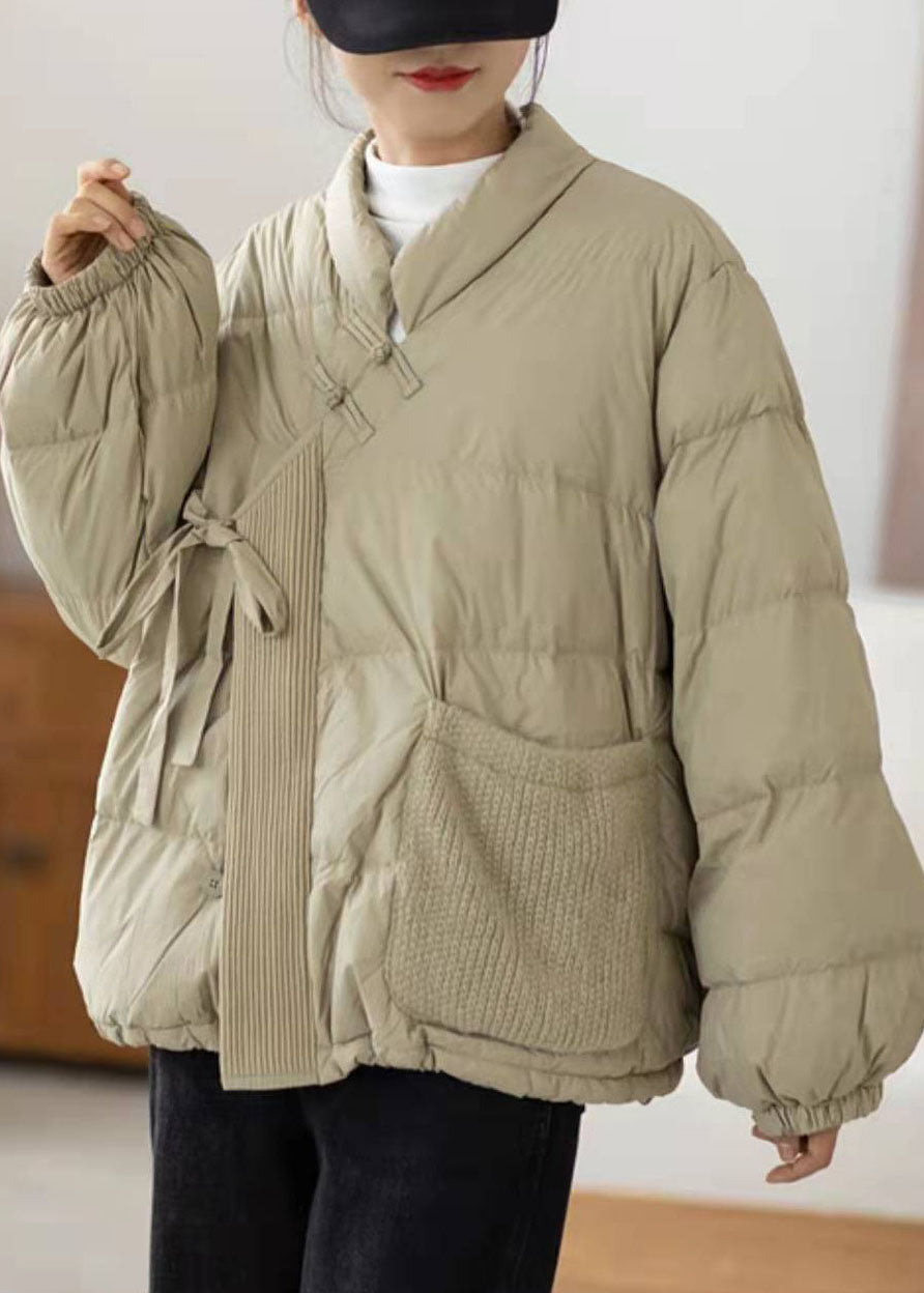 Boho Hellgrüner Winter-Daunenmantel mit Taschen aus Entendaunen