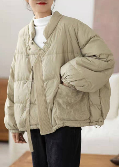 Boho Hellgrüner Winter-Daunenmantel mit Taschen aus Entendaunen