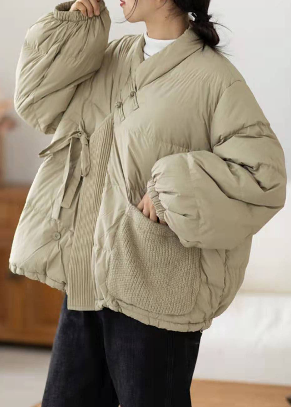 Boho Hellgrüner Winter-Daunenmantel mit Taschen aus Entendaunen