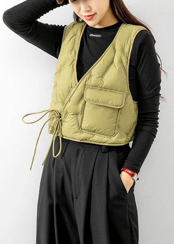 Boho Hellgrün V-Ausschnitt Taillenbund Mode Winter Ärmellose Daunenweste