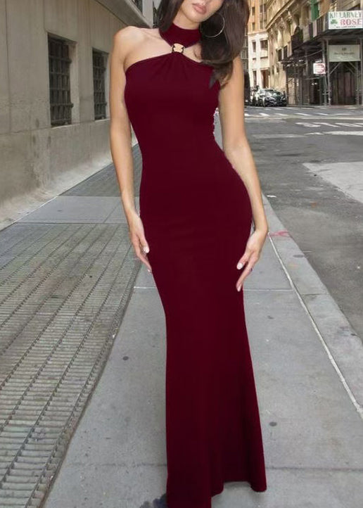 Boho Mulberry Cold Shoulder Wrinkled Slim Fit Cotton Long Dress Summer